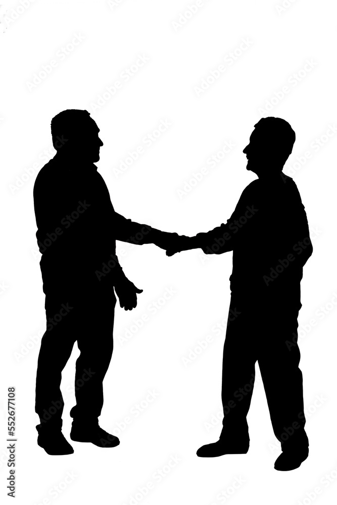 silhouette of a couple who shake hands on white background