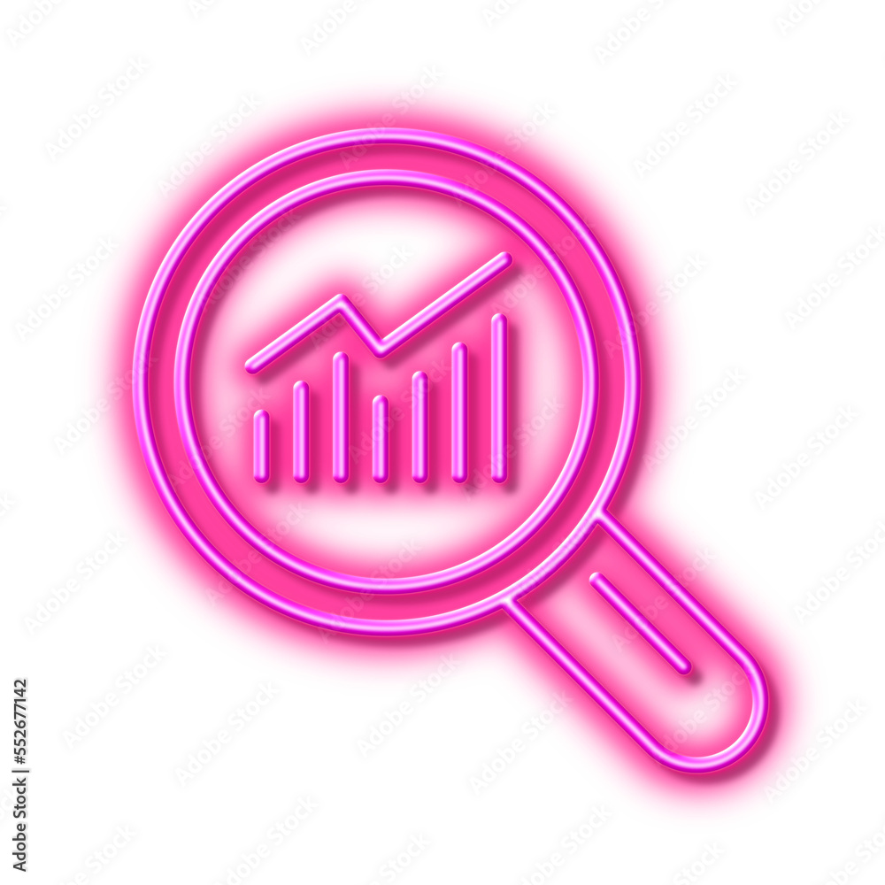 Chart line icon. Report graph sign in magnifier. Neon light effect outline icon. Chart line icon. Report graph sign in magnifier. Neon light effect outline icon.