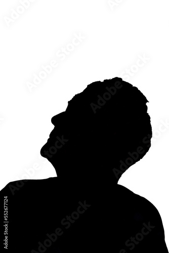 silhouette of a senior woman looking up on white background