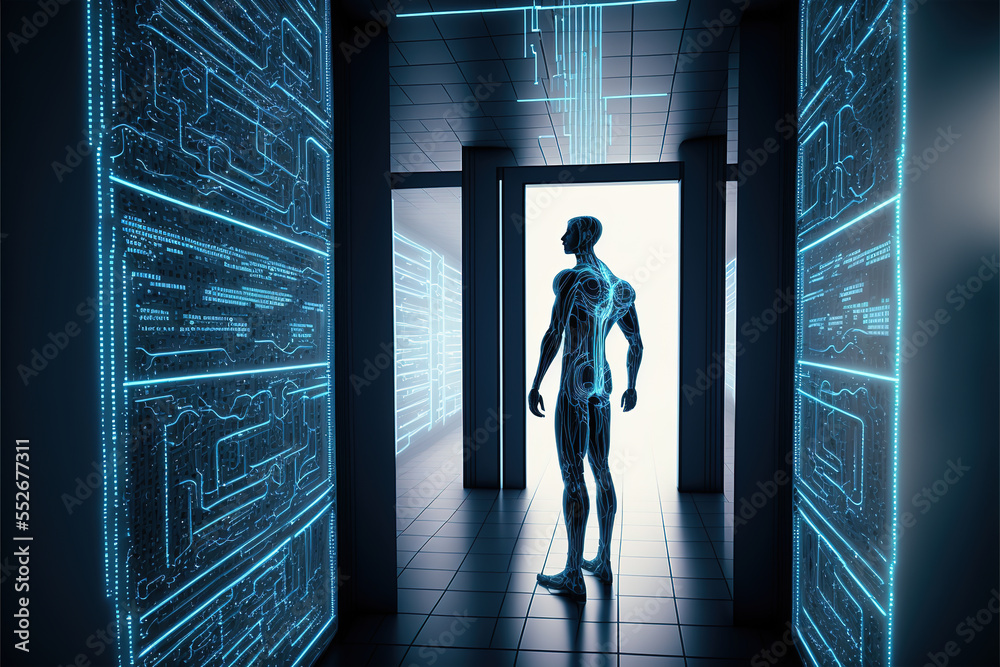 Humanoid Artificial inteligence in side server room representation, made with Generative AI