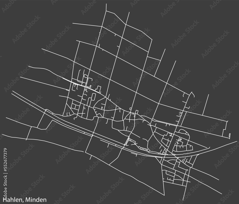 Detailed negative navigation white lines urban street roads map of the HAHLEN QUARTER of the German town of MINDEN, Germany on dark gray background