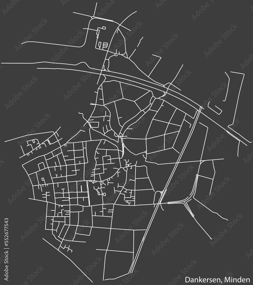 Detailed negative navigation white lines urban street roads map of the DANKERSEN QUARTER of the German town of MINDEN, Germany on dark gray background