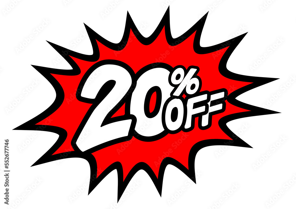20 Percent OFF Discount on a Comics style bang shape background. Pop art comic discount promotion banners. PNG 20 Percent OFF Discount on a Comics style bang shape background. Pop art comic discount promotion banners. PNG