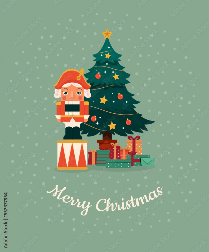 Naklejka premium christmas card with christmas tree and nutcracker
