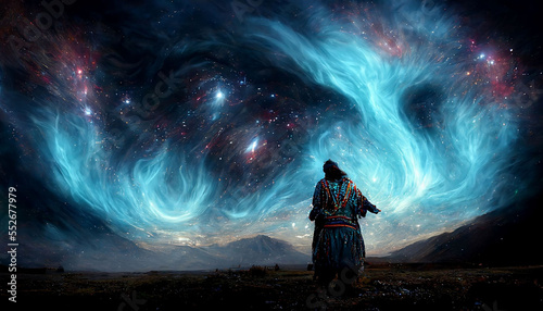 A lonely traveler in colorful dress walking under blue aurora digital art