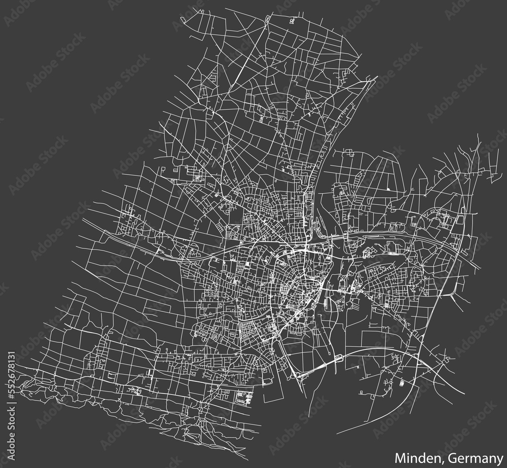 Detailed negative navigation white lines urban street roads map of the German town of MINDEN, GERMANY on dark gray background