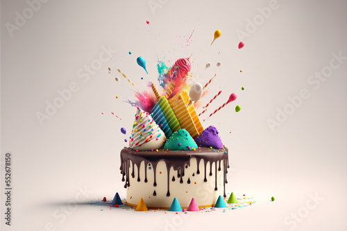 Celebration birthday cake with lots of icing and decorations. generative ai