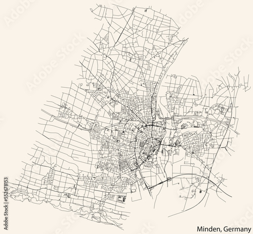 Detailed navigation black lines urban street roads map of the German town of MINDEN, GERMANY on vintage beige background