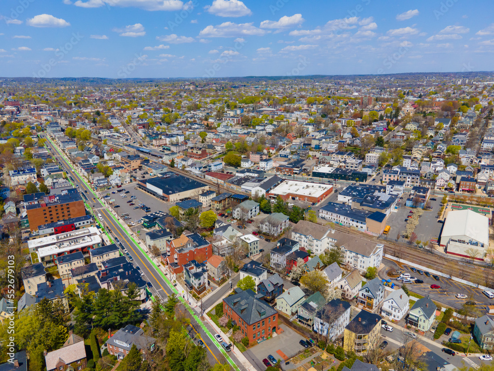 Somerville city center aerial view on Beacon Street in spring, city of Somerville, Massachusetts MA, USA. 