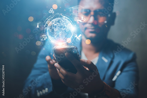 Fotografía Businessman presenting futuristic business world metaverse graphic