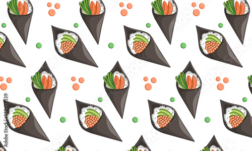 japanese cuisine, asian food. vector pattern flat illustration isolated on white background. sushi rolls onigiri soy sauce set seamless pattern. stock picture. for restaurant menus and posters. delive