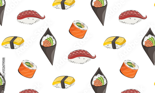 japanese cuisine, asian food. vector pattern flat illustration isolated on white background. sushi rolls onigiri soy sauce set seamless pattern. stock picture. for restaurant menus and posters. delive photo