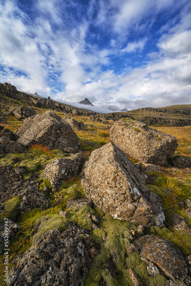 Beautiful, rugged landscape along the East Coast of Iceland; Iceland Beautiful, rugged landscape along the East Coast of Iceland; Iceland