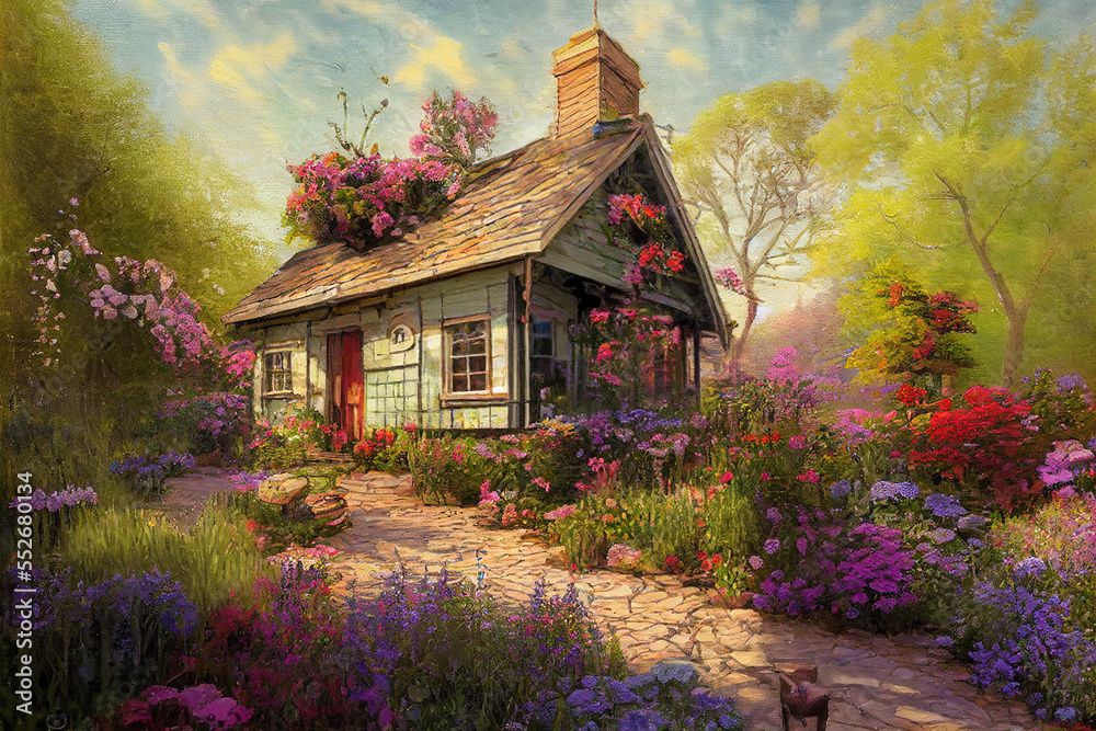 Spring country pastoral illustration with cosy cottage house - obrazy, fototapety, plakaty 