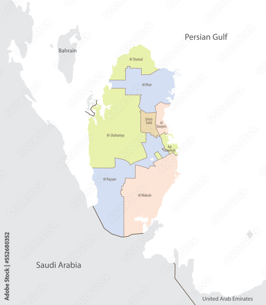 Detailed map of location of Qatar and neighboring states on the world map with the administrative divisions of country, vector illustration