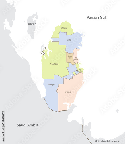 Detailed map of location of Qatar and neighboring states on the world map with the administrative divisions of country, vector illustration