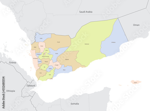 Detailed map of Yemen with administrative divisions and borders of neighboring countries, vector illustration on white background