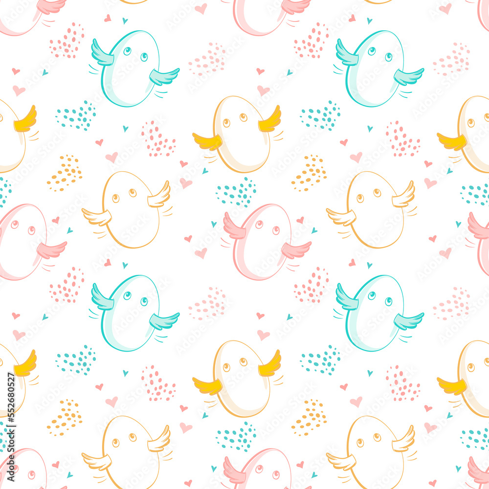 Seamless pattern with cute colorful eggs with wings and hearts on a white background. Hand drawn vector design elements for Easter or design for kids.
Seamless pattern with cute colorful eggs with wings and hearts on a white background. Hand drawn vector design elements for Easter or design for kids.