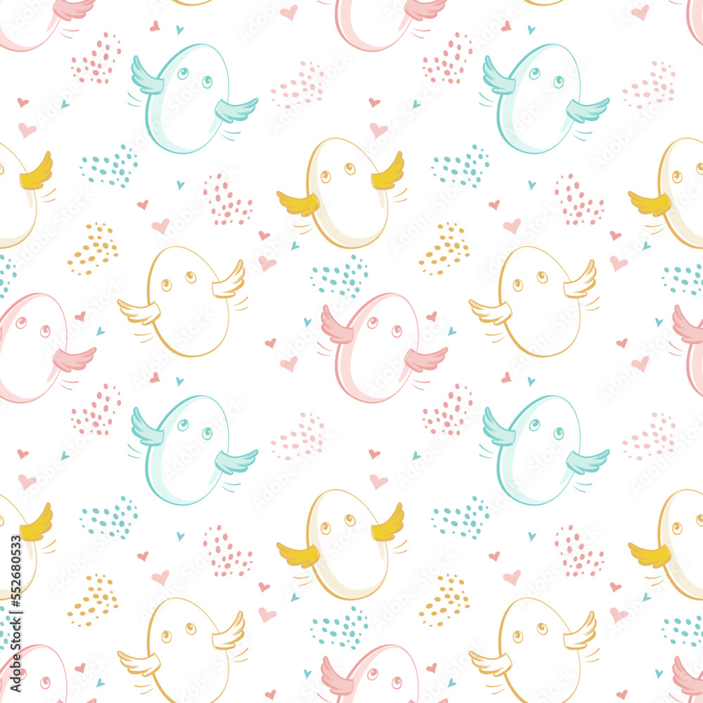 Seamless pattern with cute colorful eggs with wings and hearts on a white background. Hand drawn vector design elements for Easter or design for kids.
Seamless pattern with cute colorful eggs with wings and hearts on a white background. Hand drawn vector design elements for Easter or design for kids.