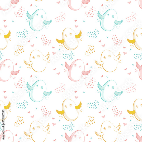 Seamless pattern with cute colorful eggs with wings and hearts on a white background. Hand drawn vector design elements for Easter or design for kids. 