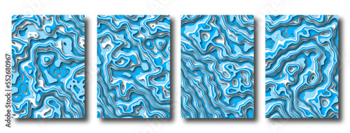 Set of cover templates in papercut style. Layered wavy shapes with shadow in turquoise and blue colors