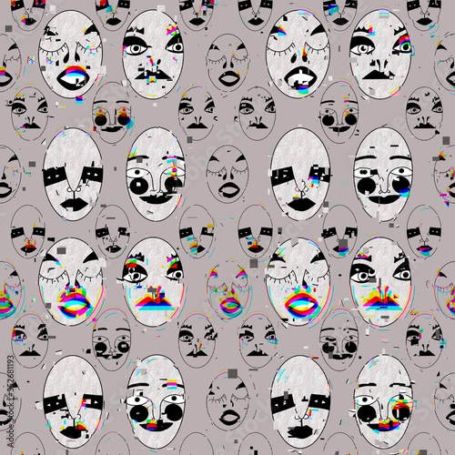 many different strange unreal faces with different facial expressions and emotions in a row on a beige background with neon noise. modern unusual abstract portrait, illustration, seamless pattern