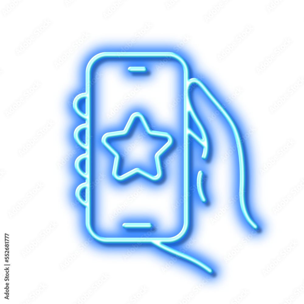 Favorite app line icon. Hand hold phone sign. Neon light effect outline icon. Favorite app line icon. Hand hold phone sign. Neon light effect outline icon.