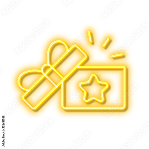 Loyalty gift box line icon. Bonus points. Discount program. Neon light effect outline icon.