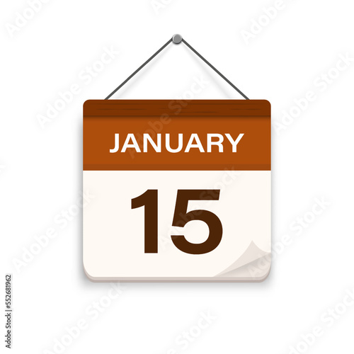January 15, Calendar icon with shadow. Day, month. Meeting appointment time. Event schedule date. Flat vector illustration.