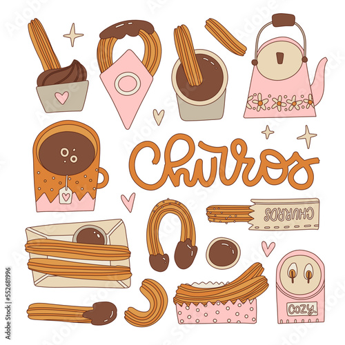 Set of churros, different ways of cooking and serving churros. Churro is a traditional Spanish dessert. Contour vintage vector illustration for menu, sign, banner, poster, etc.