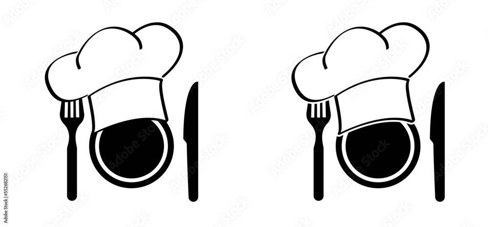 Plate, fork and knife icon. Cartoon chef cap symbol. Chef hat or cap ...