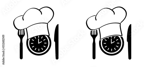 Dinner time, clock. Plate, fork, knife icon. Food symbol for bar, cafe, hotel concept. Eating icon in black. Ready to eat healthy food. Vector logo sign for dinner, breakfast, lunch meal menu service