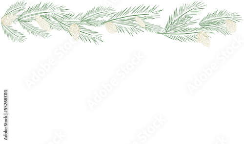 Festive background  web banner  postcard  poster  greeting card with fir branches  pine cones and balls. with space for text. Elements of hand drawing.