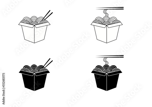 Chinese noodle in box. Black and white icons.