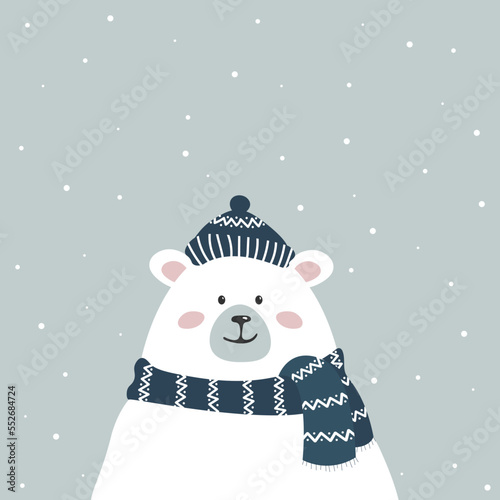 Cute winter polar  bear, flat illustration