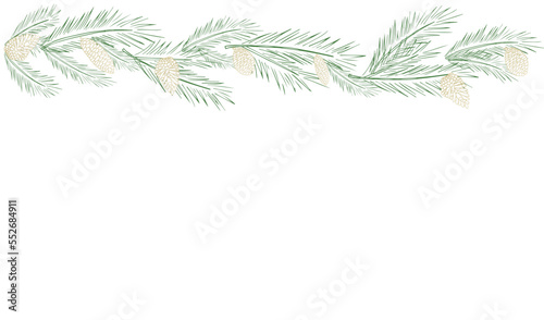 Festive background, web banner, postcard, poster, greeting card with fir branches, pine cones and balls. with space for text. Elements of hand drawing.