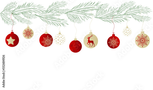Festive background, web banner, postcard, poster, greeting card with fir branches, pine cones and balls. with space for text. Elements of hand drawing.
