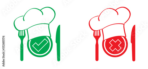 Safe and danger foods Food safety, ready to eat Easy prep foods icon Vector logo sign for dinner, breakfast, lunch Healthy diet cooking Fork and knife icon Grocery good ideas service stop no eating