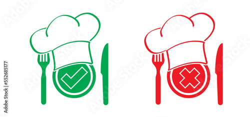 Safe and danger foods Food safety, ready to eat Easy prep foods icon Vector logo sign for dinner, breakfast, lunch Healthy diet cooking Fork and knife icon Grocery good ideas service stop no eating