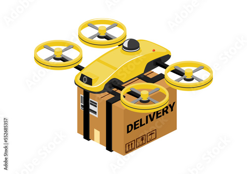 Drone delivery. Isometric illustration with the concept of autonomous delivery by drone. Vector.