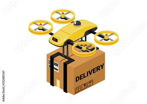 Drone delivery. Isometric illustration with the concept of autonomous delivery by drone. Vector.