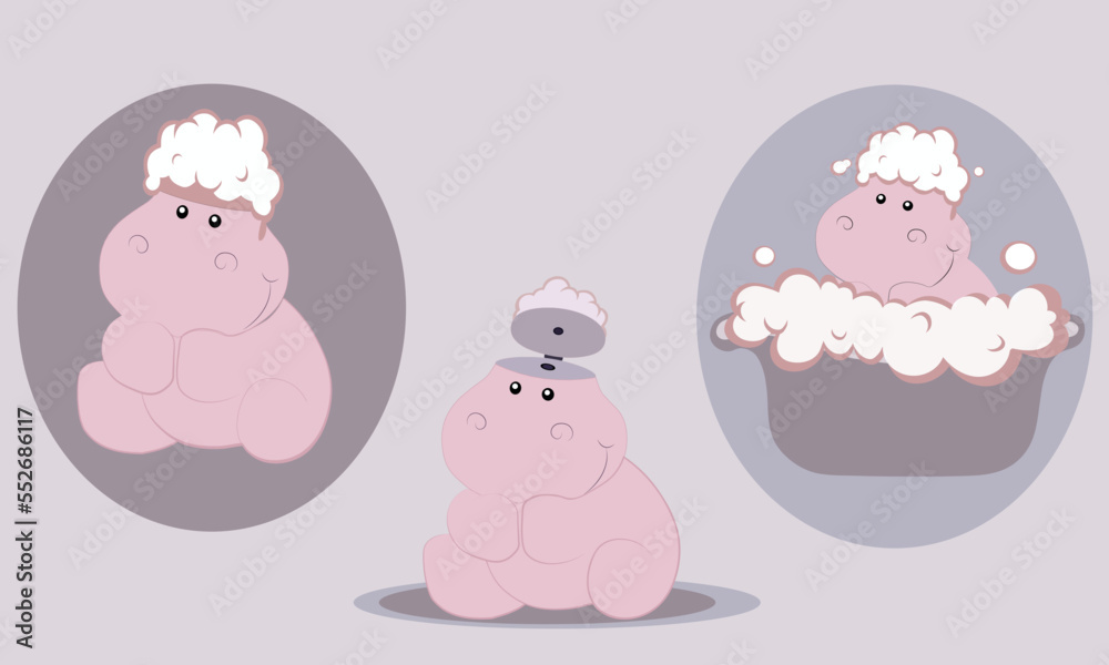 Cute Hippo. Baby Shampoo. Hippo in Foam. Hippo takes a shower Cute Hippo. Baby Shampoo. Hippo in Foam. Hippo takes a shower
