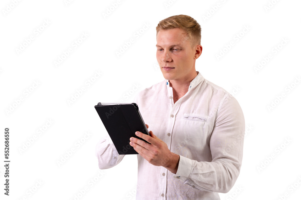 A caucasian businessman man in a white shirt working with a tablet on a white background, png transparent background A caucasian businessman man in a white shirt working with a tablet on a white background, png transparent background