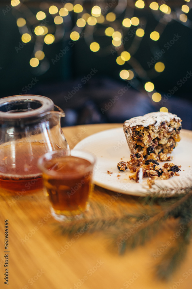 Traditional English steamed pudding with dried fruits and nuts for Christmas