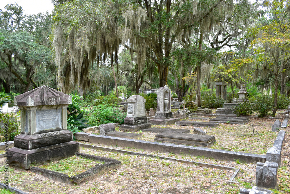 A row of old and worn tombstones in Bonaventure Cemetery in Savannah, Georgia.