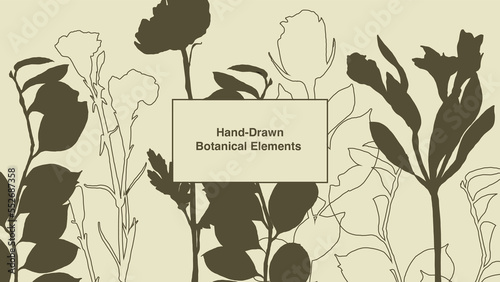 Background pattern of line drawings featuring floral leaves, plants. Hand drawn each flower isolated on separate layers. Vector illustration with rose, azalea, carnation, leaves, and sweat pea.