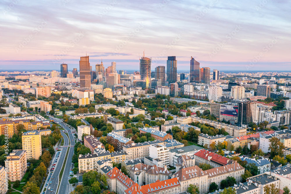 Twilight over the city, aerial landscape of Warsaw, capital of Poland