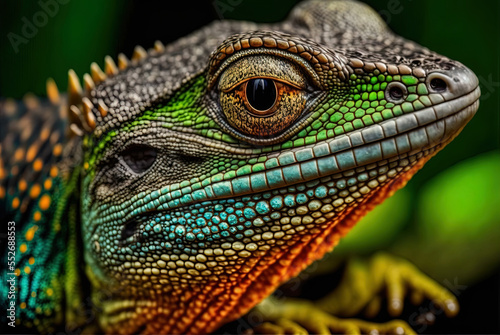 Pseudocalotes tympanistriga (Indonesian Lizard) closeup, head, natural backdrop. Generative AI photo