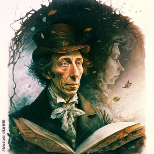 Fantasy portrait of  the legendary fairytale writer Hans Christian Andersen listening to his muse, reading from his book photo