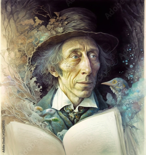 Fantasy portrait of the legendary fairytale writer Hans Christian Andersen listening to his muse, reading from his book